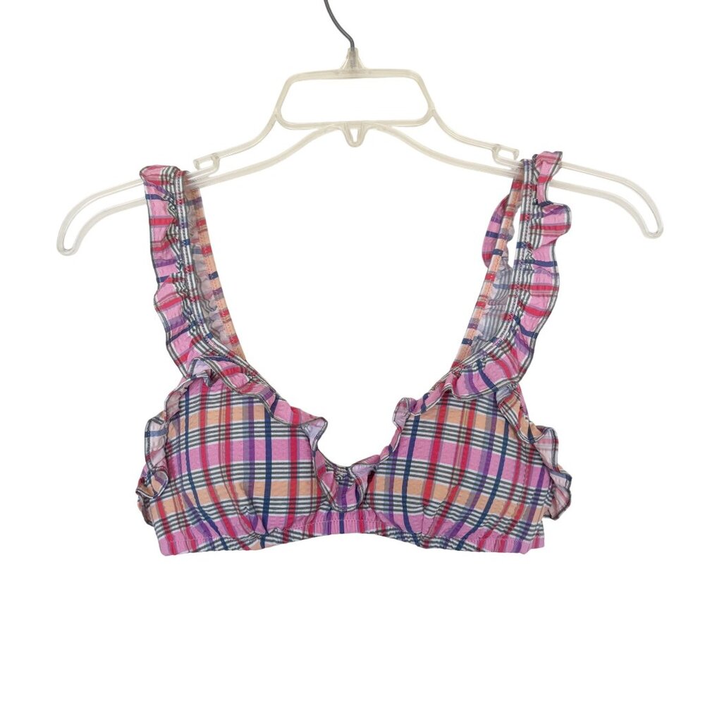 J.Crew Womens Pink Plaid Ruffled Bikini Top Size S Swimwear